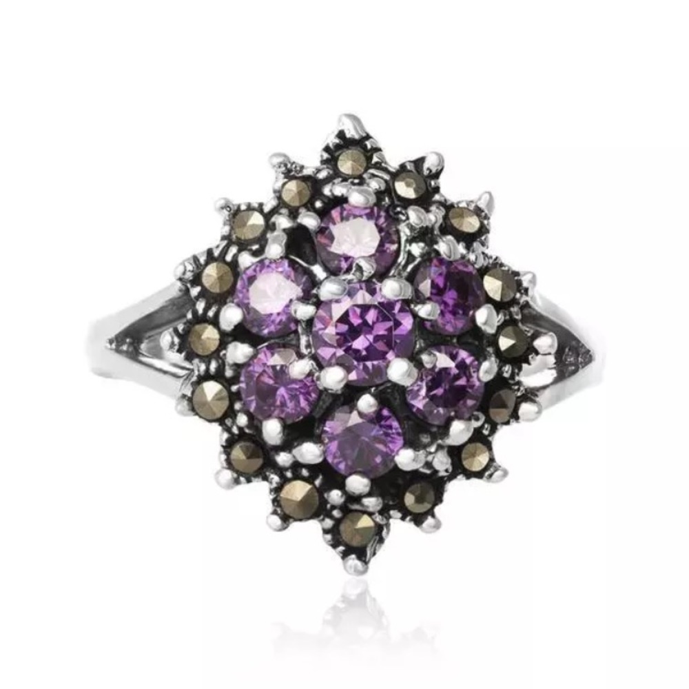 925sterlingsilver flower marcasite Amethyst rings - Picture 7 of 7